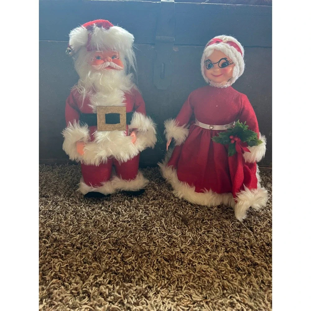 Vintage Santa and Mrs Claus Christmas Figurines Mid Century Rubber Face Set 11in